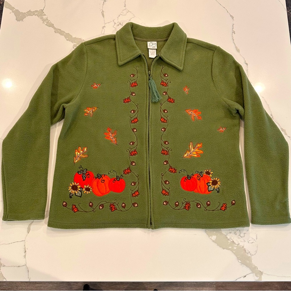 Vintage Fashion Bug Full Zip Fleece Jacket Fall Pumpkins Sz L Green Embroidered